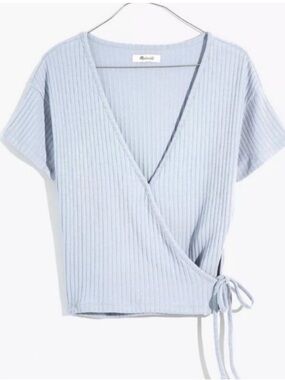 Madewell Light Blue Ribbed Wrap Top